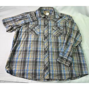 Wrangler Western L/s Plaid Pearl Snap Shirt Mens 2XL Big Gray Blue Yellow Cowboy